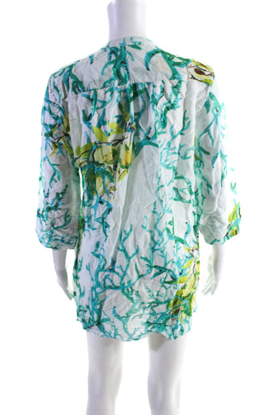 Antica Sartoria Womens Floral Long Sleeved Button Short Dress Green White Size L