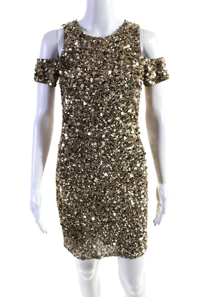 Parker Womens Sequined Beaded Cutout Short Sleeved Mini Dress Gold Tone Size S