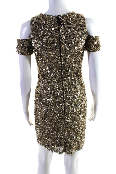 Parker Womens Sequined Beaded Cutout Short Sleeved Mini Dress Gold Tone Size S