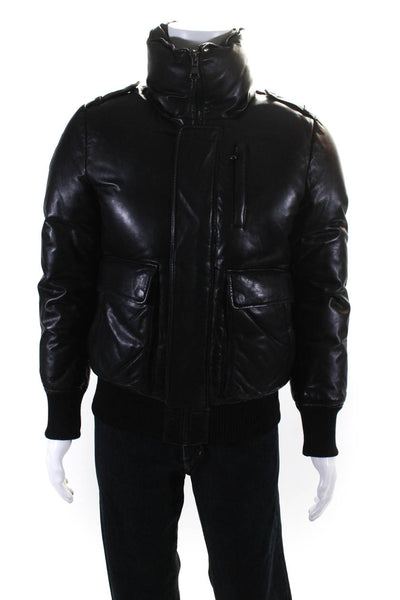 Mackage Mens Leather Long Sleeve Collared Short Puffer Bomber Coat Black Size 36