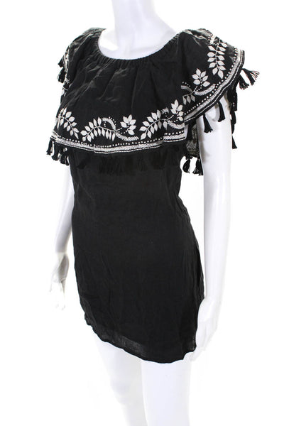 St. Roche Womens Embroidered Tassel Trim Off The Shoulder Dress Black Size S