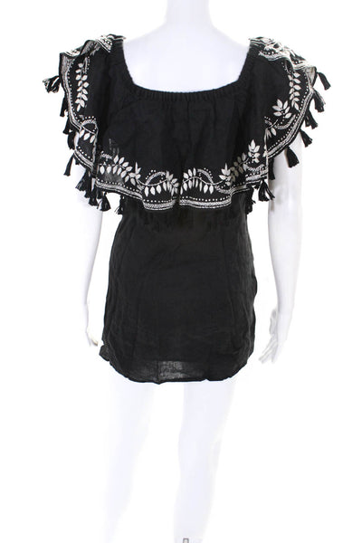 St. Roche Womens Embroidered Tassel Trim Off The Shoulder Dress Black Size S