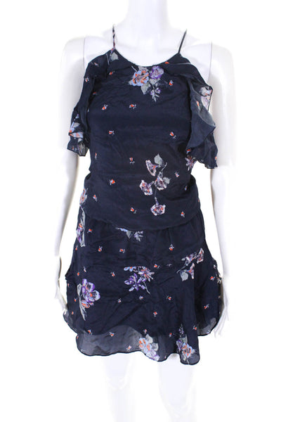 Karina Grimaldi Womens Floral Print Ruffle Trim Sleeveless Dress Navy Size S