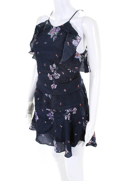 Karina Grimaldi Womens Floral Print Ruffle Trim Sleeveless Dress Navy Size S