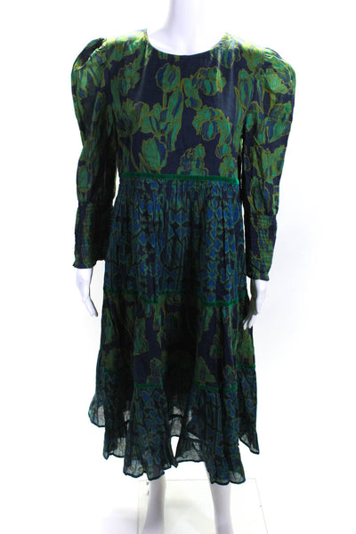Ro's Garden Womens Green Floral Print Cotton Long Sleeve Shift Dress Size M