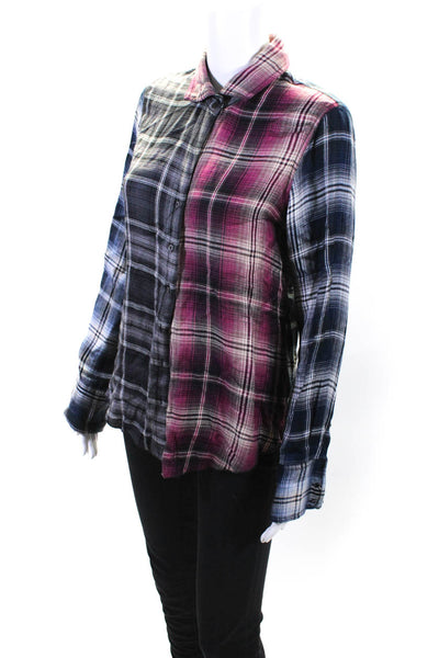 Cino Womens Plaid Long Sleeved Button Down Flannel Shirt Gray Pink Blue Size S