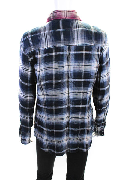 Cino Womens Plaid Long Sleeved Button Down Flannel Shirt Gray Pink Blue Size S