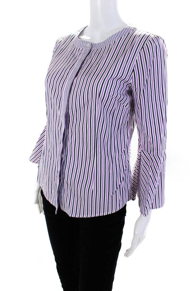 Milly Womens Stripe Button Down Flared Long Sleeved Top Purple White Gray Size 2