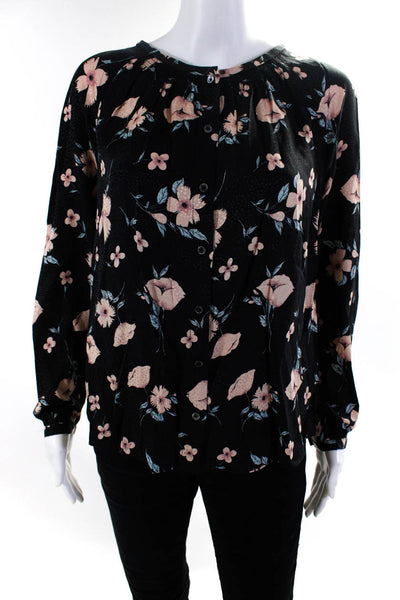 Rebecca Taylor Womens Floral Long Sleeved Button Down Shirt Black Pink Size 4