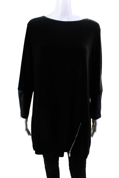 Sympli Womens Faux Leather Trim Front Zipper Blouse Black Size Large