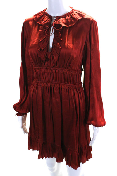 Ulla Johnson Womens Silk Ruched Ruffle Trim V-Necl Long Sleeve Dress Red Size 4