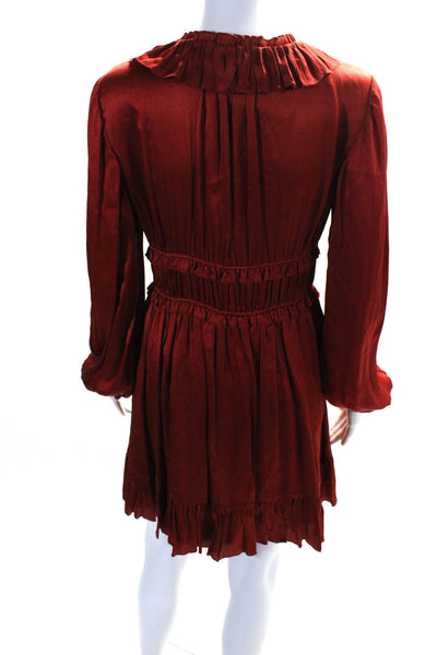 Ulla Johnson Womens Silk Ruched Ruffle Trim V-Necl Long Sleeve Dress Red Size 4
