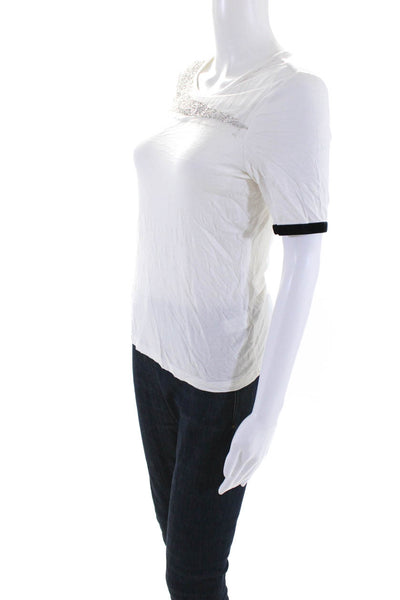 Ronny Kobo Womens Beaded Tulle Short Sleeve Velvet Ringer Tee Shirt White XS