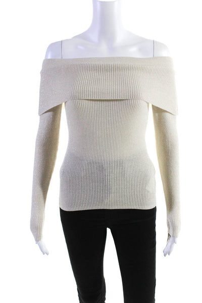 Parosh Womens Metallic Long Sleeve Off The Shoulder Blouse Top Beige Size XS