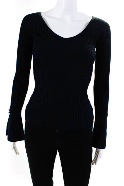 Intermix Womens Off Shoulder Ribbed Knit V Neck Sweater Navy Blue Size Petite