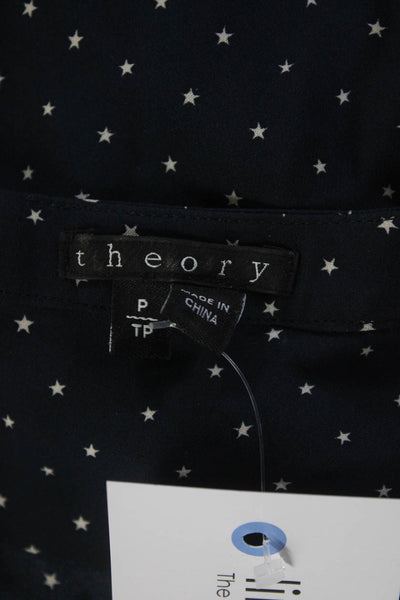 Theory Womens Silk Chiffon Star Print Short Sleeve Blouse Top Navy Blue Size PP