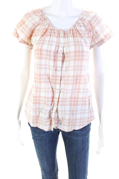 Steven Alan Womens Cotton Plaid Print Short Sleeve Button Up Shirt Peach Size P