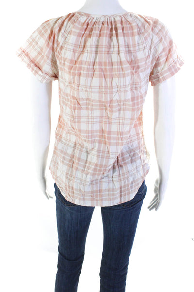 Steven Alan Womens Cotton Plaid Print Short Sleeve Button Up Shirt Peach Size P