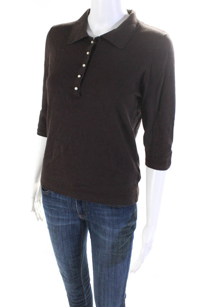 Milly Of New York Womens Brown Henley Collar 3/4 Sleeve Knit Blouse Top Size M