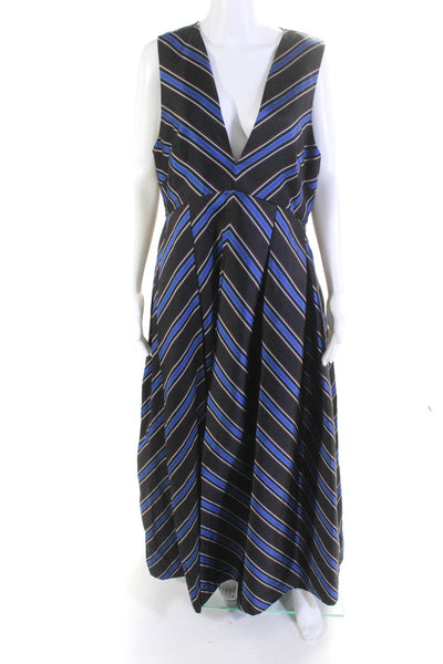 Sachin & Babi Womens Striped V-Neck Sleeveless Zip Up Maxi Dress Black Size 14