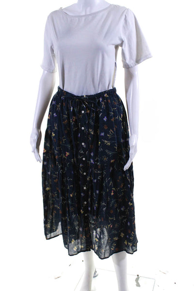 Birds of Paradis Womens Button Front Drawstring Floral Skirt Navy Blue Size XS