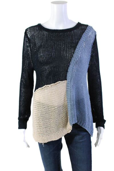 525 America Womens Open Knit Linen Color Block Pullover Sweater Top Navy Size S