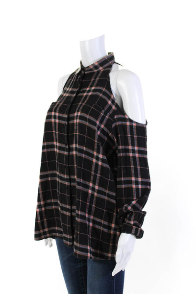 Siwy Womens Cotton Plaid Cold Shoulder Button Up Collar Blouse Top Black Size S