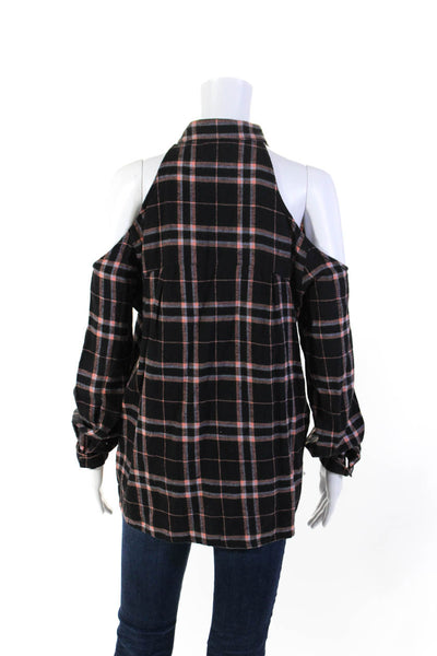 Siwy Womens Cotton Plaid Cold Shoulder Button Up Collar Blouse Top Black Size S