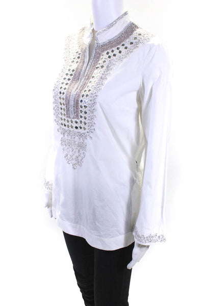 Tory Burch Womens Cotton Embroidered Sequined Metallic Tunic Top White Size 6