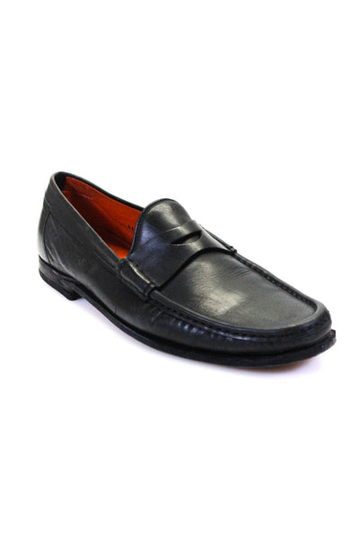 Santoni Mens Leather Apron Toe Darted Slip-On Loafers Black Size 11