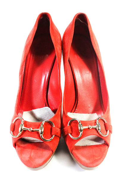 Gucci Womens Suede Horesbit Buckled Open Toe Block Heels Pumps Red Size 9.5