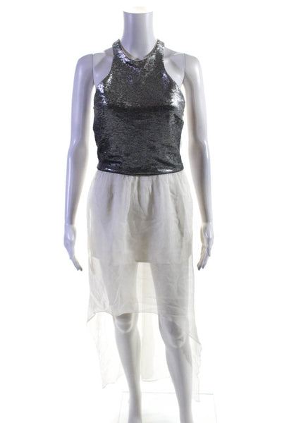Maje Womens Silk Sequined Sleeveless A Line Dress Silver Ivory Size 1
