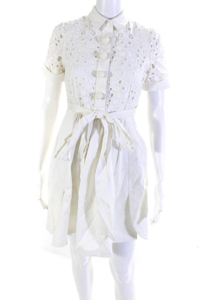 Alexis Womens Eyelet Short Sleeves Belted A Line Dress White Size Extra Small