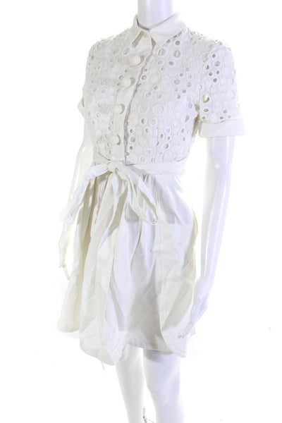 Alexis Womens Eyelet Short Sleeves Belted A Line Dress White Size Extra Small