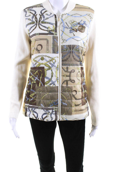 J. Mclaughlin Womens Front Zip Printed Quilted Sweater White Brown Size Small