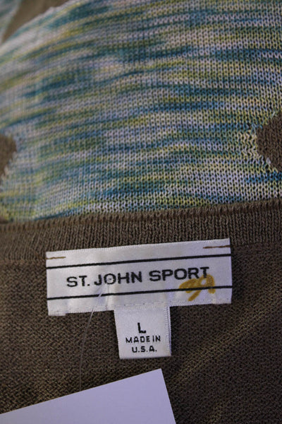 St. John Sport Womens Short Sleeve Abstract Knit Shirt Brown Blue Size Large