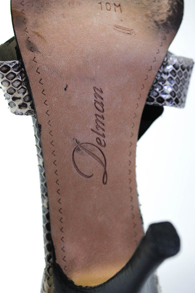 Delman Womens Stiletto Snakeskin Trim Cross Strap Sandals Gray Black Size 10