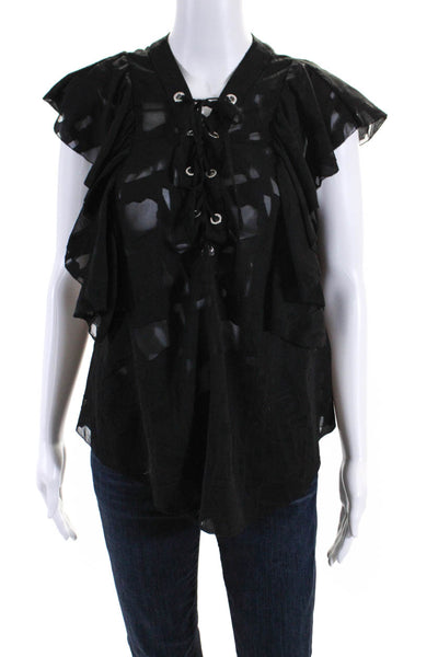IRO Womens Sheer Lace Up V-Neck Flutter Sleeve Blouse Top Black Size 38