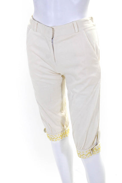 Cass Guy Women's Mid Rise Embroidered Trim Cropped Pants Beige Size XS