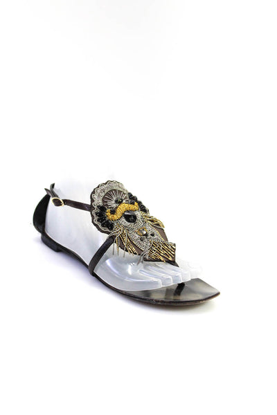 Giuseppe Zanotti Design Womens Beaded Flat Sandals Brown Gold Tone Size 8.5