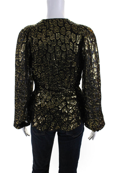ALC Womens V Neck Leopard Print Long Sleeved Blouse Top Gold Tone Black Size 4