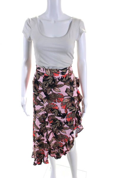 Maaji Womens Leaf Print Ruffled Tied Waist Midi Wrap Skirt Pink Brown Size M