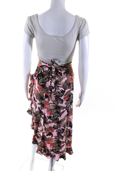 Maaji Womens Leaf Print Ruffled Tied Waist Midi Wrap Skirt Pink Brown Size M
