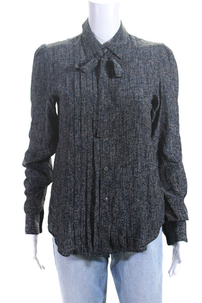 Theory Womens Silk Spotted Pleated Long Sleeve Button Up Blouse Top Navy Size S