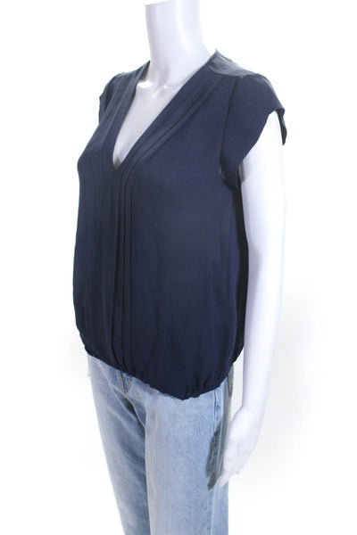 Joie Womens Silk Pleated V-Neck Short Sleeve Pullover Blouse Top Navy Size XS