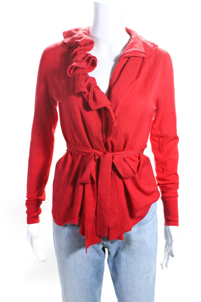 Elie Tahari Womens Knit Ruffle Trim V-Neck Long Sleeve Blouse Top Red Size S