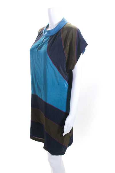 See by Chloe Womens Short Sleeve V Neck Striped Silk Dress Blue Brown Medium