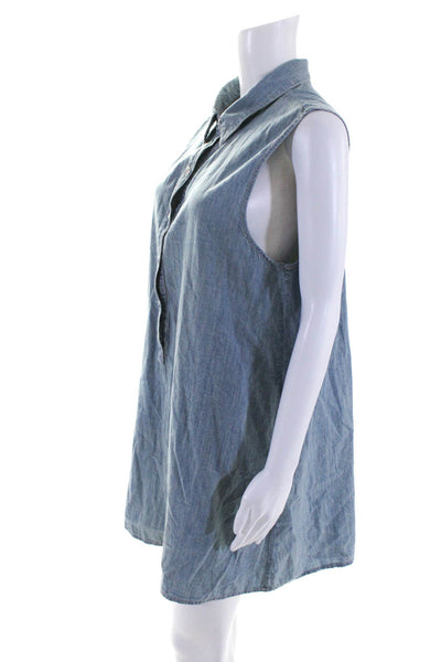 Rag & Bone Women's Collar Sleeveless Half Button Mini Shirt Dress Blue Size L
