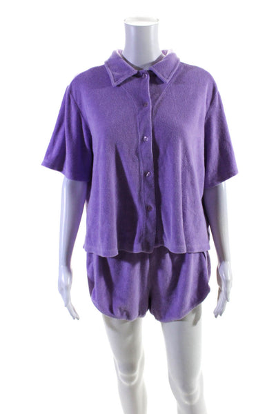 Monrow Womens Collared Button Down Terry Pajama Top Shorts Set Purple Size M L