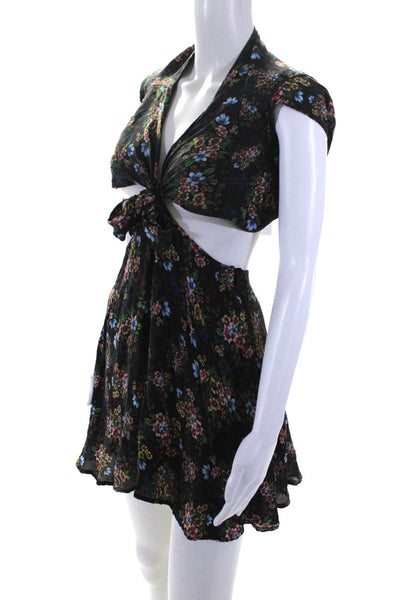 LPA Women's Silk Floral Print Short Sleeve Cutout Tie Front Dress Black Size S